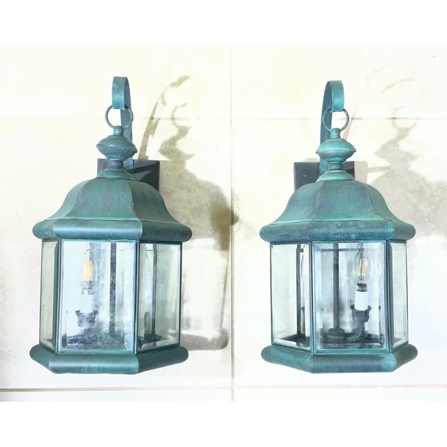1970s Pair of Solid Brass Outdoor Wall Lantern Sconces – Vintage Aged Verdigris For Sale - Image 5 of 15