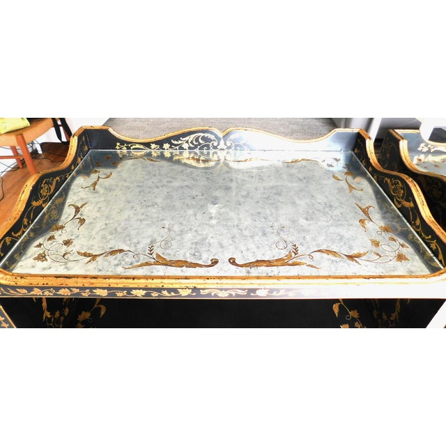 1980s Chinoiserie Mercury Glass Side Black Lacquer Tables, European Crossroads, John Richard, a Pair For Sale - Image 5 of 16