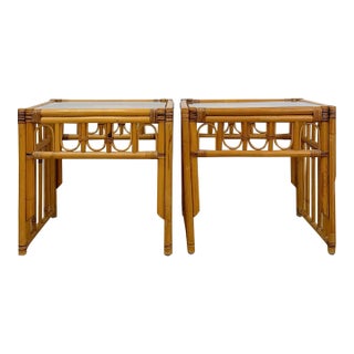 Vintage Rattan End Table Pair Arched Inlay Glass Top Coastal Boho MCM For Sale