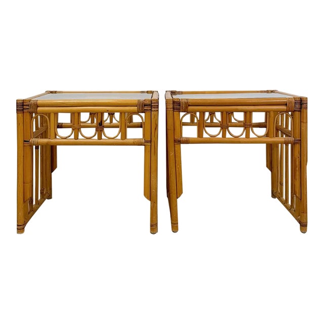 Vintage Rattan End Table Pair Arched Inlay Glass Top Coastal Boho MCM For Sale