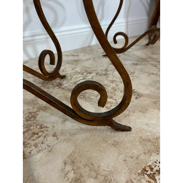 Italian Curly Gilt Iron and Thick Notched Glass Hollywood Regency Side Tables a Pair For Sale - Image 4 of 9