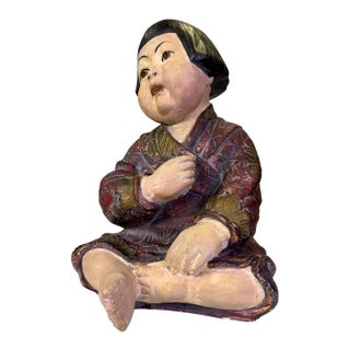 Antique 1930s Art Deco Esther Hunt Style Polychrome Chalkware Seated Asian Child Figurine For Sale