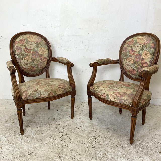 Louis XVI Style Cabriolet Armchairs with Medallion Backs, Set of 2 For Sale - Image 12 of 12