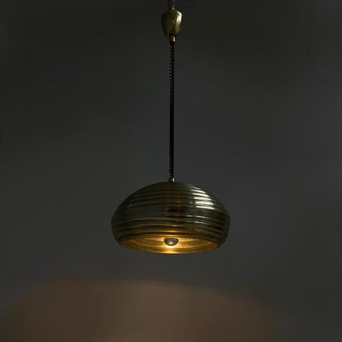 Italian mid-century modern gold metal Chandelier Splugen Brau by Achille and Pier Giacomo Castiglioni for Flos, 1960s...