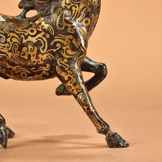 Bronze Pair of Vintage Bronze Galloping Horses – Gold Inlaid Horse Statues, 2.2 LBS For Sale - Image 8 of 10