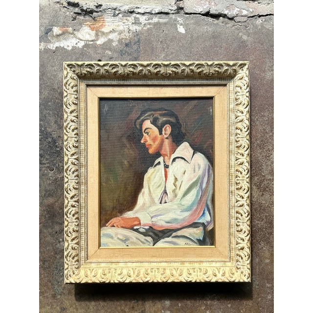 Vintage Boho Spanish Original Oil Portrait of Man For Sale - Image 11 of 12
