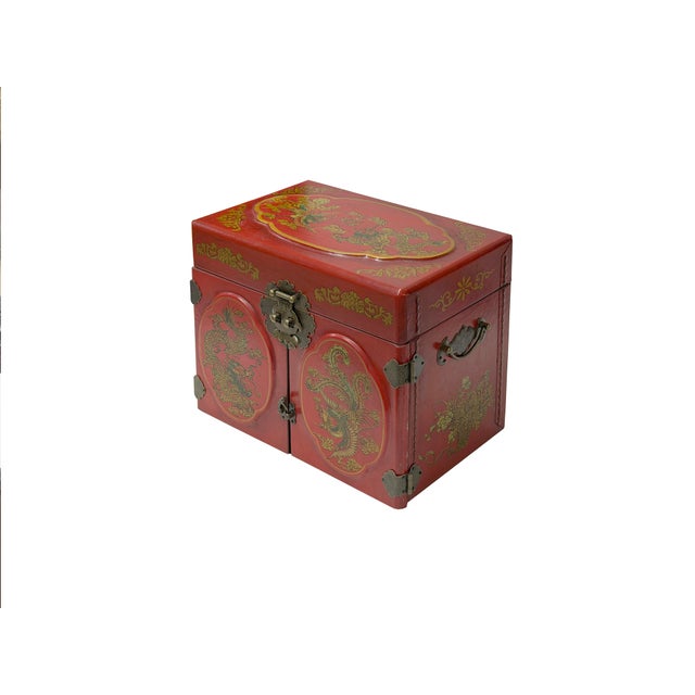 Chinese Oriental Red Dragon Phoenix Mirror Rectangular Jewelry Box For Sale - Image 4 of 10