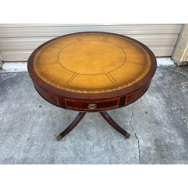 Antique Regency Style Flame Mahogany Leather Top Drum Table. 2 drawers , special dovetail construction, inlays Well made,...