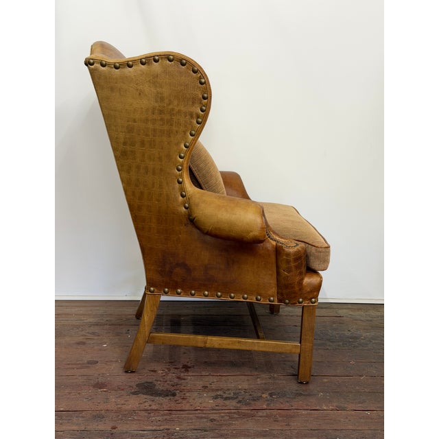 1990s Embossed Cognac Leather Wing Back Chair by Davis and Shaw For Sale - Image 5 of 17