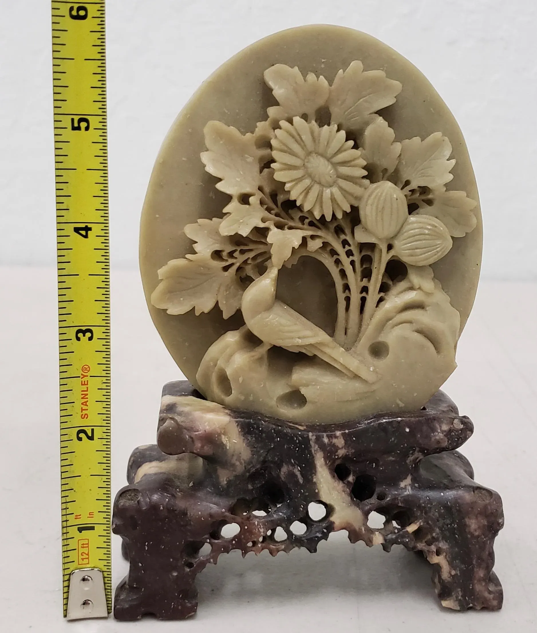 Vintage Chinese Soapstone Sculpture With Bird and Flowers | Chairish