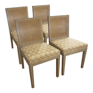 French-Country Dining Chairs in Peter Fasono Linen Upholstery and Stained Caning For Sale