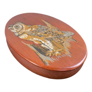 Vintage Hand-Painted Owl Oval Wooden Trinket Box For Sale
