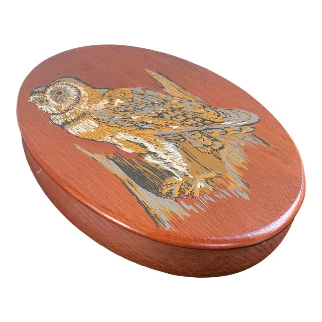 Vintage Hand-Painted Owl Oval Wooden Trinket Box For Sale
