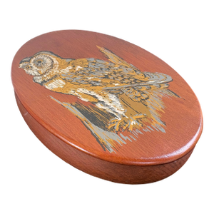 Vintage Hand-Painted Owl Oval Wooden Trinket Box