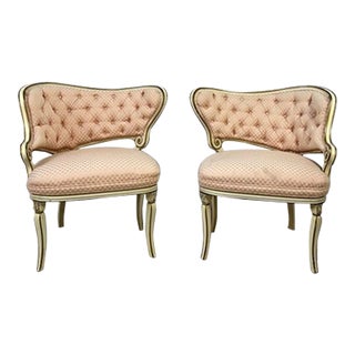 Pair of French Provincial Hollywood Regency Tufted Arm Chairs For Sale