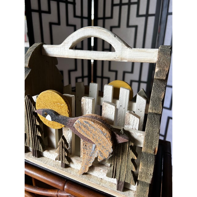 1970s Vintage Folk Art Flying Goose and Sunrise Scene on Wooden Basket For Sale - Image 5 of 12