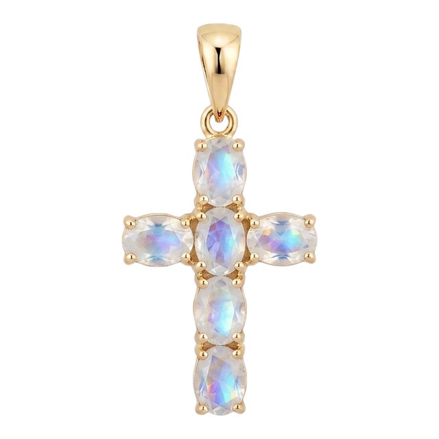 Natural Rainbow Moonstone Cross Pendant | Gemstone Cross Charm | June Birthstone Necklace | Dainty Christian Faith Jewelry For Sale