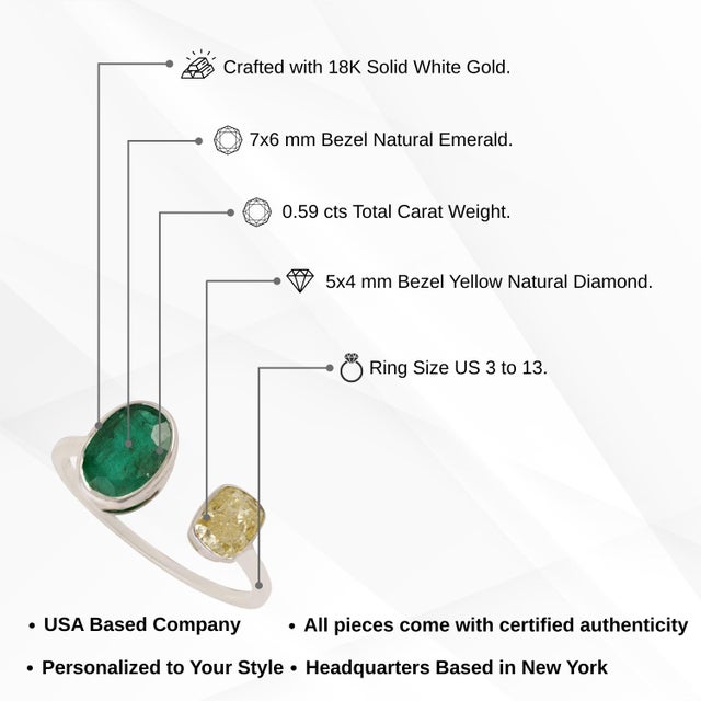 Modern Toi Et Moi Emerald & Yellow Diamond Bypass Ring Size 7, 1.88ct in 18k White Gold For Sale - Image 11 of 15