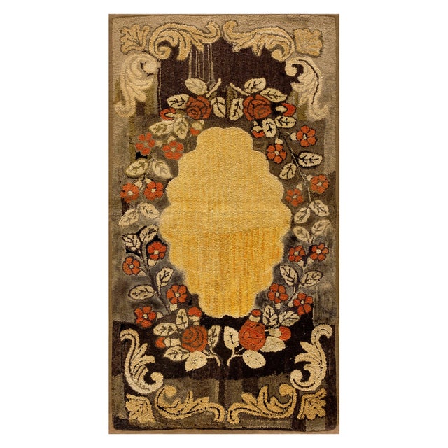 1930s Yellow Roses Medallion Antique American Hooked Rug 2' 8''x5' 0'' Handwoven Wool Carpet For Sale - Image 15 of 18