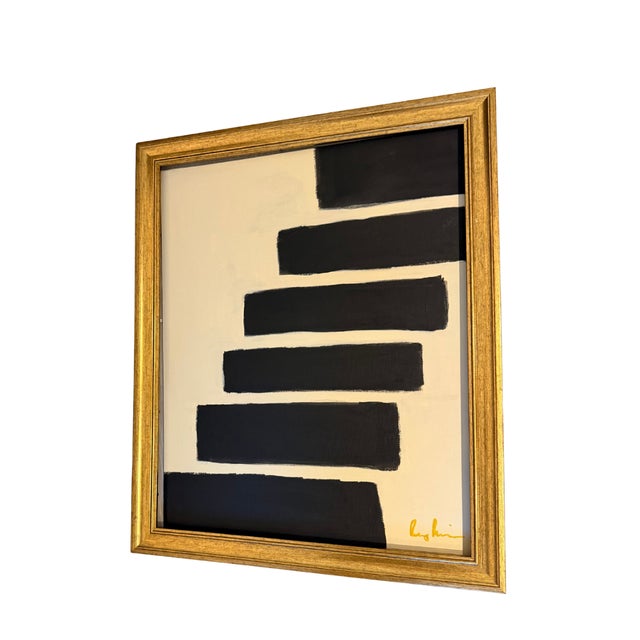 Bryan Boomershine, original abstract Mid-Century Inspired Painting in cream and black with a gold frame. This painting...