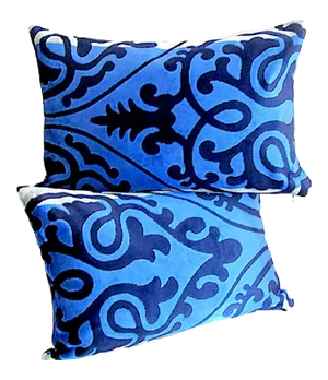 Blue Damask Cut Velvet Matching Lumbar Pillow Covers - a Pair