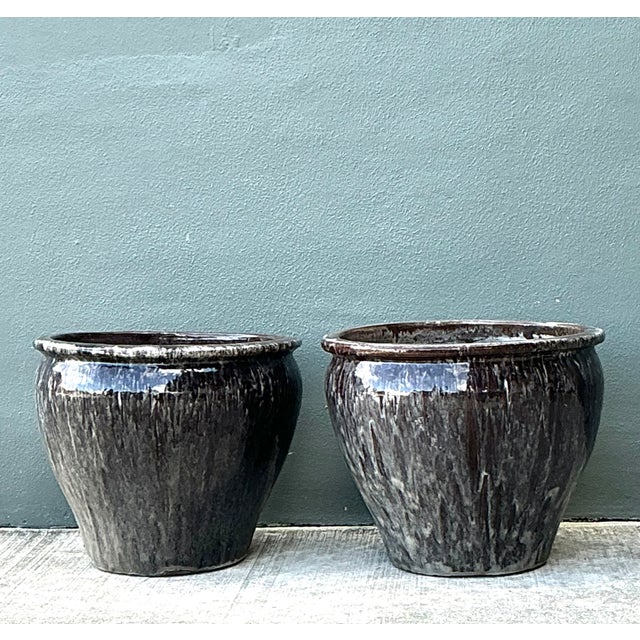 Vintage Glazed Ceramic Planters - Pair For Sale - Image 9 of 12
