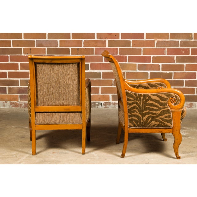 Wood French Walnut 19th Century Bergère Chairs with Carved Arms and Zebra Upholstery For Sale - Image 7 of 12