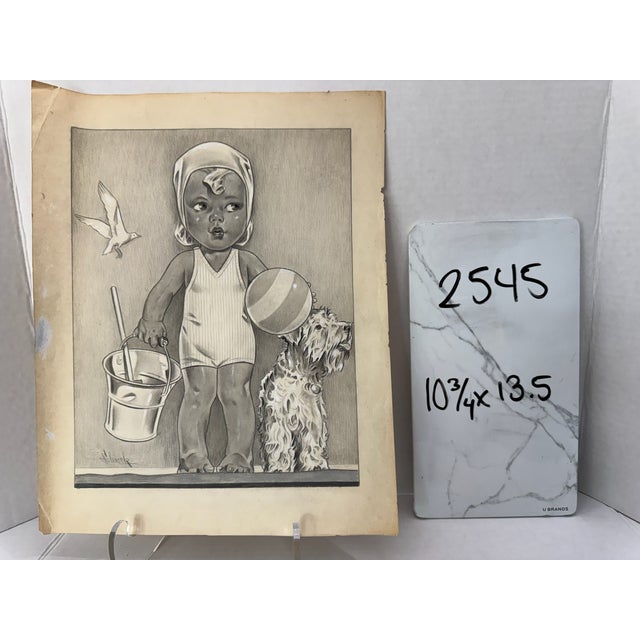 White 1940s Original Schrock Signed Graphite Illustration of Child With Beach Ball, Dog and Sand Pail, 13.5 × 10.75 In. For Sale - Image 8 of 8
