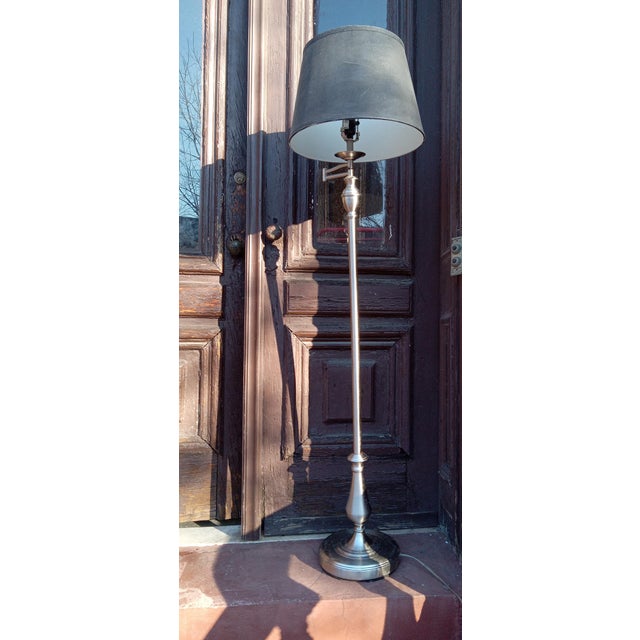 1960s MCM Space-Age Classical Floor Light With Sleek Glamorous Details - Heavy Silver Base, Elegant Charcoal Off-Black (Gray) Shade 60" H" Hotel Style For Sale - Image 5 of 5