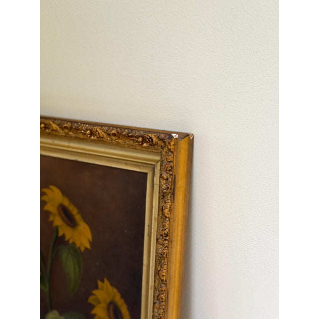 Victorian Antique Victorian Sunflower Oil Painting, 19th Century Floral Still Life in Gilt Frame For Sale - Image 3 of 8