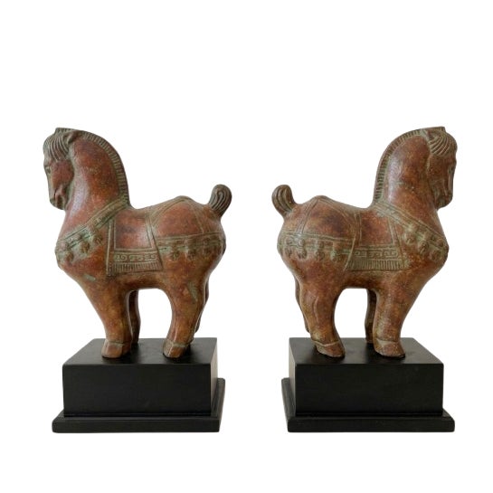 Bronze Patina Ancient World Style Horse Bookends, a Vintage Pair For Sale