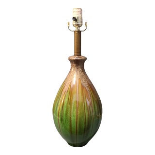 Mid-Century Modern Earthtone Glazed Green & Brown Pottery Table Lamp For Sale