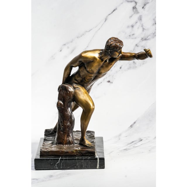 Black Commanding Vintage Borghese Gladiator Statue Cast Metal Sculpture Statue Marble Base Mid Century Modern Grand Tour Neoclassical For Sale - Image 8 of 15