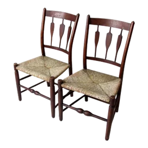 Antique Rush Seat Dining Chairs Pair