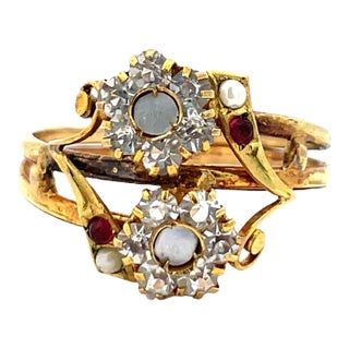 Antique Solid Gold Mother of Pearl and Crystal Flower Design Ring, Size 11 For Sale