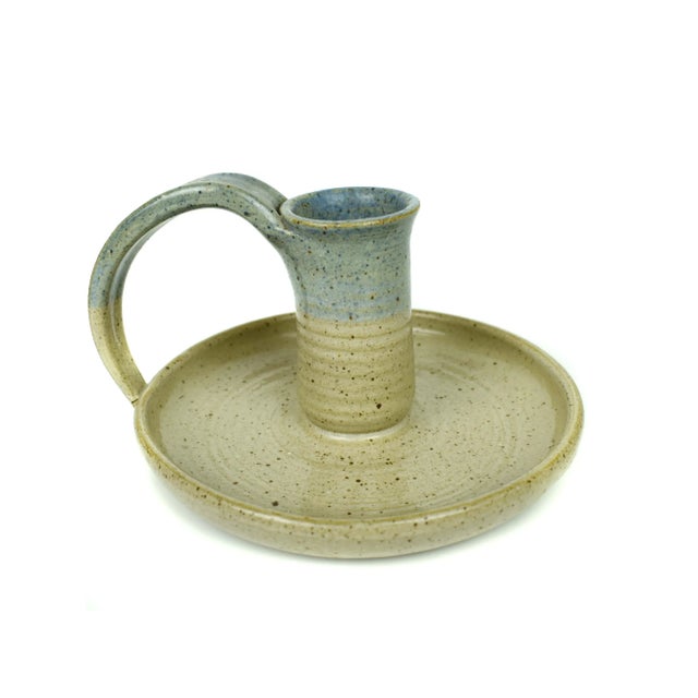 Blue Late 20th Century Handmade Round Pottery Candlestick Candle Holder With Handle For Sale - Image 8 of 8