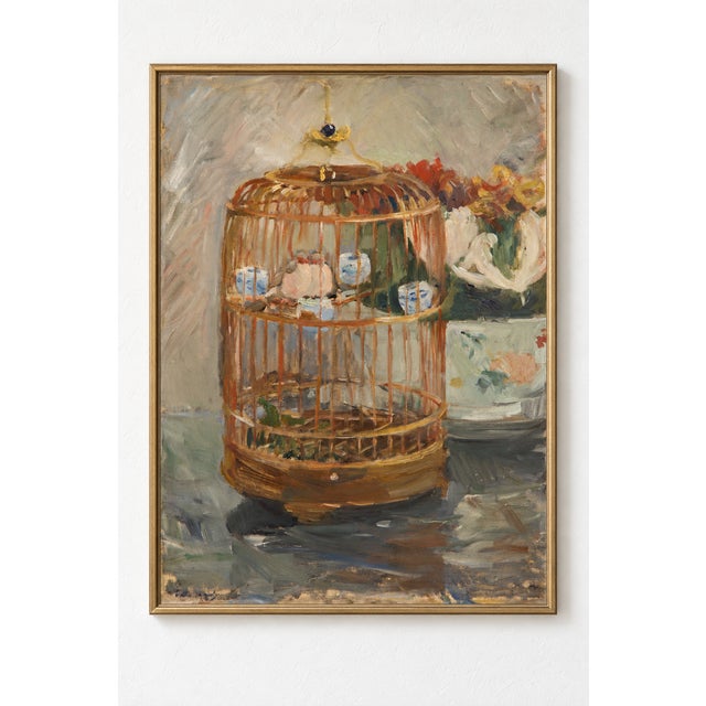 A delicate bird rests inside a golden-brown cage beside colorful flowers in this vintage French Impressionist art print....