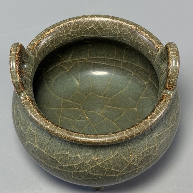 Chinese Antique Chinese Celadon Crackle Glaze Tripod Censer, Collectible Ceramic For Sale - Image 3 of 8