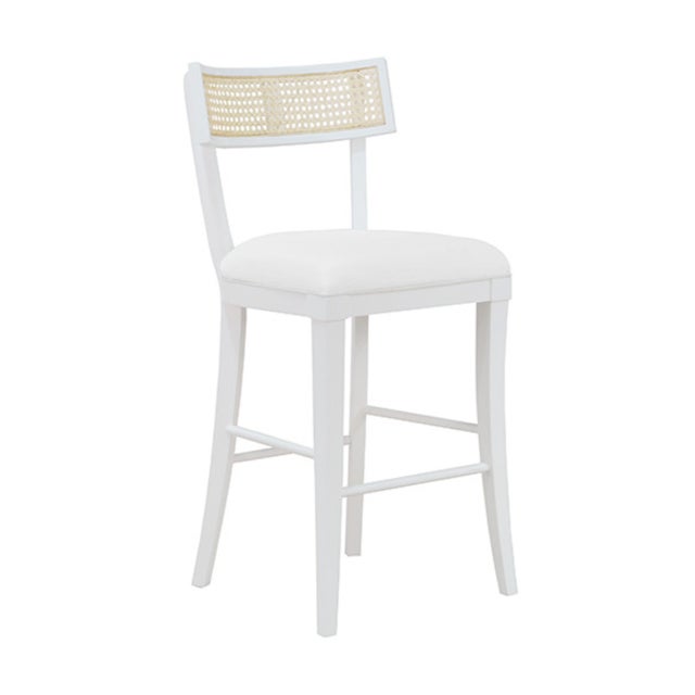 Matthew Izzo Home Britta Matte White Lacquer Klismos Style Counter Stool With Cane Back and White Linen Upholstered Seat For Sale In New York - Image 6 of 6