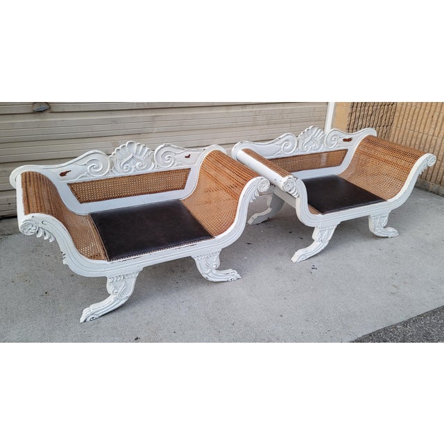 English Painted Antique Anglo-Indian Colonial Caned Leather Seat Settees -- a Pair For Sale - Image 3 of 13