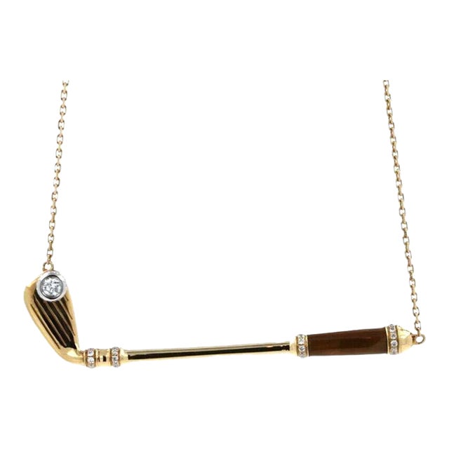 Diamond Golden Tiger's Eye Golf Club Birdie Charm Yellow Gold Necklace Pendant For Sale