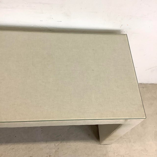 Modern Linen Console Table With Glass Top For Sale In Philadelphia - Image 6 of 13
