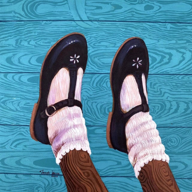See My New Shoes by Joseph Idowu | Acrylics Painting of black shoes with white socks on blue floor For Sale