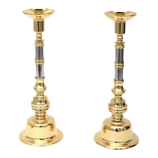 1980s Candle Holders Neoclassical Brass and Chrome Candle Sticks - a Pair For Sale