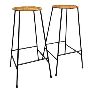 Pair of Mid-Century Modern Woven Rattan and Black Iron Bar Stools For Sale