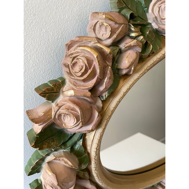 1980s Vintage French Country Revival Floral Rose Mirror in Blush and Gilt Finish. Horizontal or Vertical Hanging For Sale - Image 4 of 6