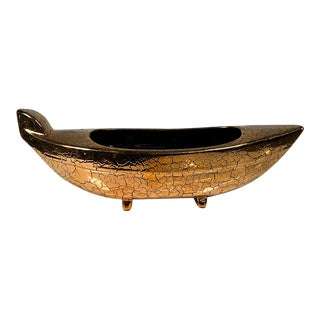 1960s Footed Ikebana Vase Mottled Gold Ceramic Boat For Sale