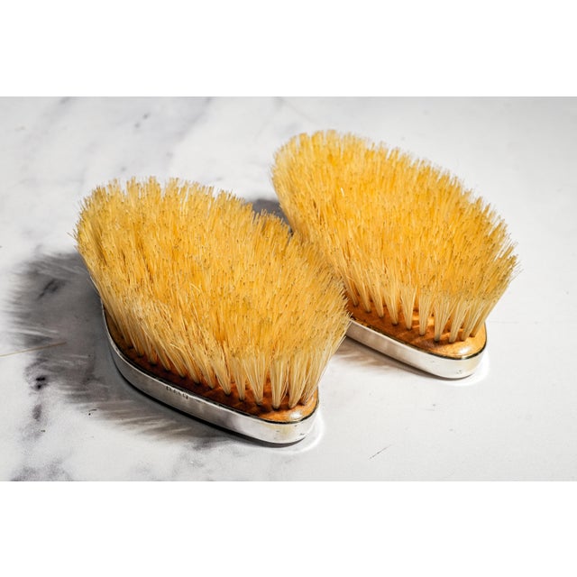 Wonderful Antique English Hallmarked Sterling Silver Vanity Brush Set Presentation Box Purple Celluloid Guilloché Style Edwardian Home Decor For Sale - Image 12 of 18