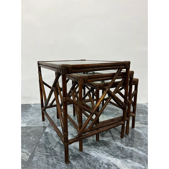 Wood Mid-Century Rattan and Glass Top Nesting Tables - Set of Three For Sale - Image 7 of 12