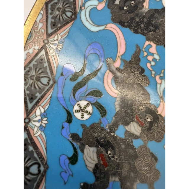 Late 19th Century Antique Japanese Meiji Period Cloisonne Charger With Shishi Lion Dogs and Turtle With Hairy Tails For Sale - Image 5 of 12